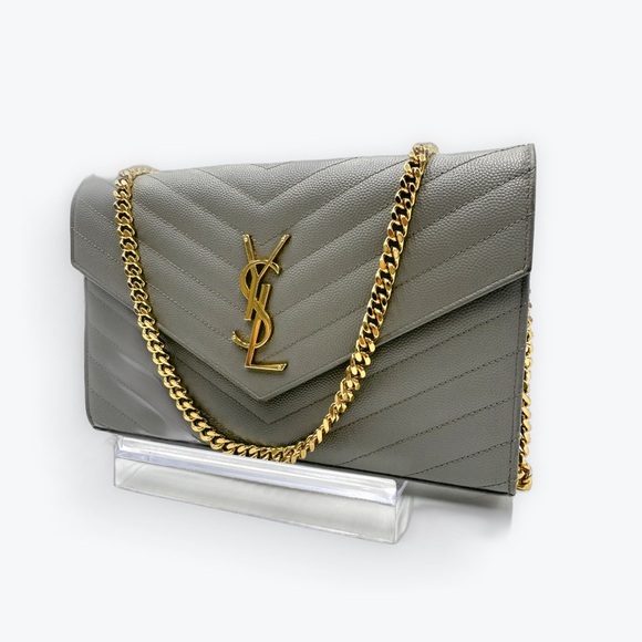 Auth Saint Laurent Gray Caviar Quilted Cassandre Wallet On Chain (WOC) Clutch - Picture 3 of 14